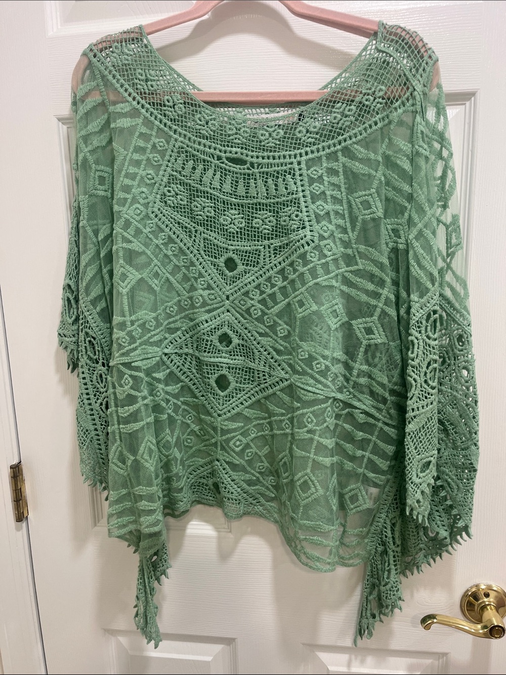 Bohemian Crochet Openwork Poncho - Sage Green